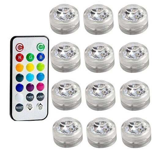 Battery Operated Waterproof RGB Submersible LED Light Underwater Night Lamp Tea Lights for vase,bowls,aquarium and party Wedding: 12 lights 1 remote