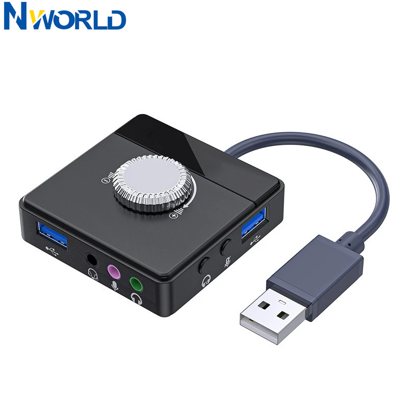 Nworld placa de som externa usb, 3 portas para 3.5mm jack, volume sem driver, placa de som ajustável, adaptador de áudio estéreo externo