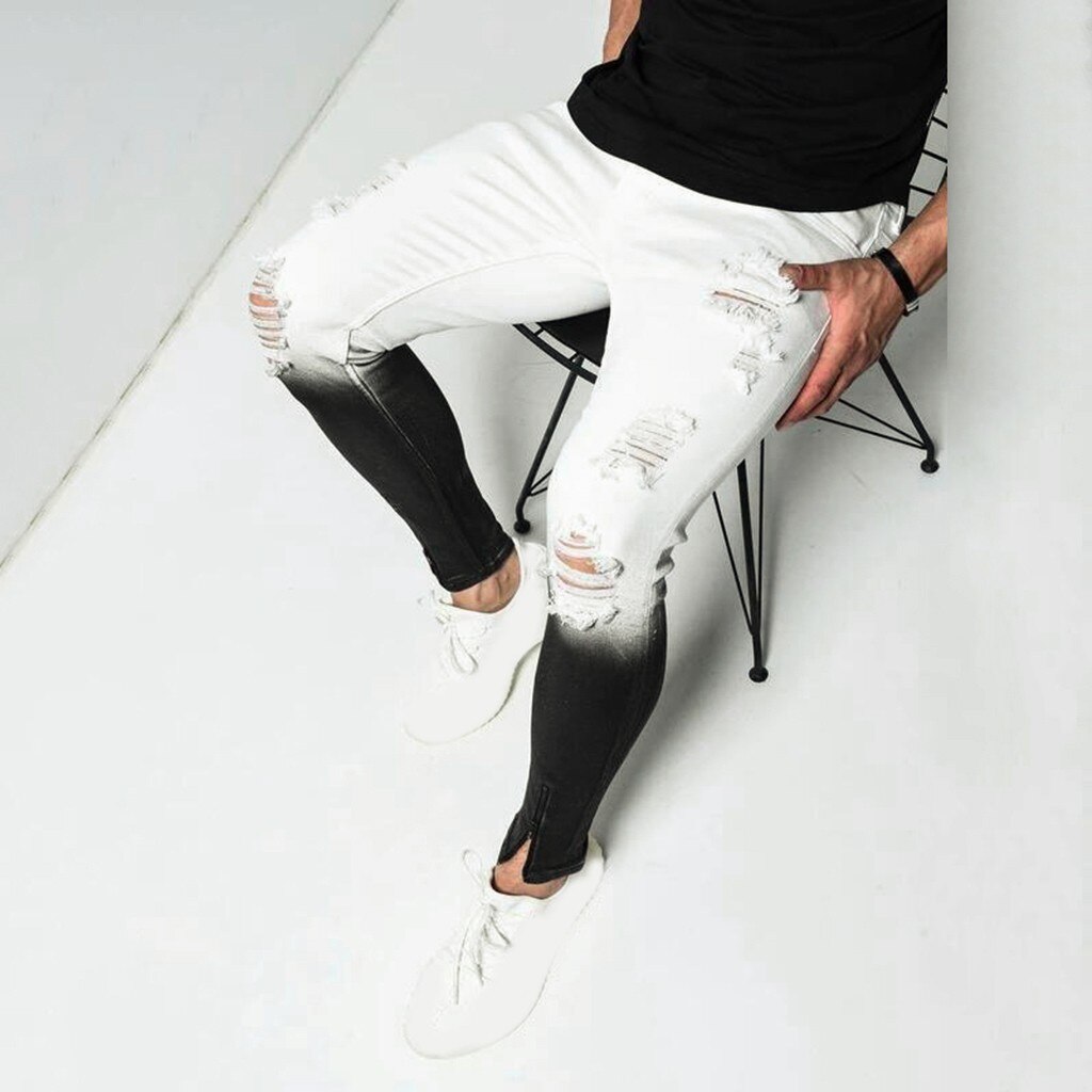 Men's Skinny Stretch Ripped Male Jeans Slim Fit Denim Trousers Streetwear Gradient White Black Skinny Jeans Men L3