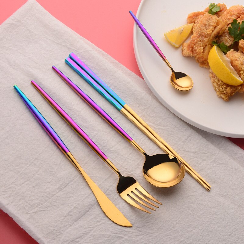 Färgglada bestick set rostfritt stål ätpinnar middag kniv sked gaffel tesked servis set jul silver fest