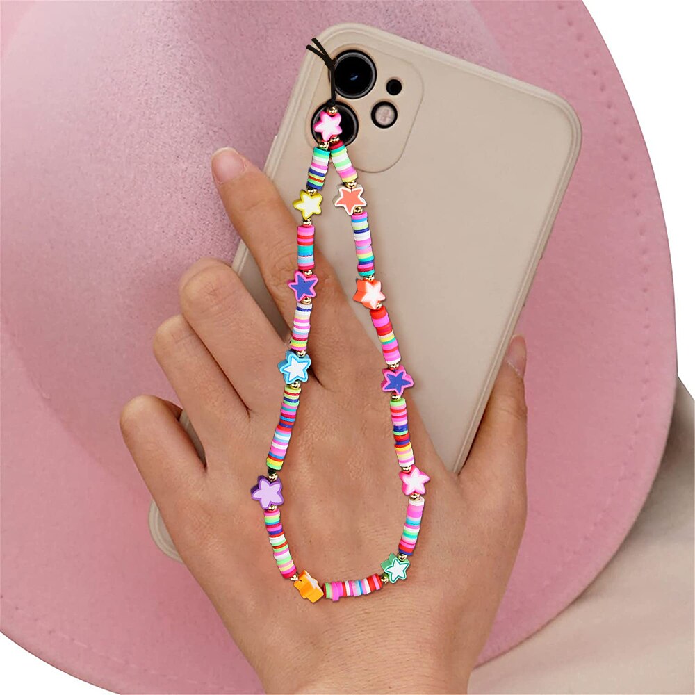 Beaded Phone Lanyard Wrist Strap Handmade Rainbow Polymer Clay Acrylic Beads Pearl Bracelet Keychain For Women