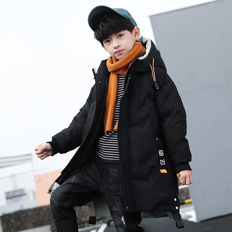 Jungen Winter Mäntel freundlicher knapp Mittel-Lange Starke Warme Hoodie Jacke Winddicht Kleidung Freies Handschuhe Art Mantel