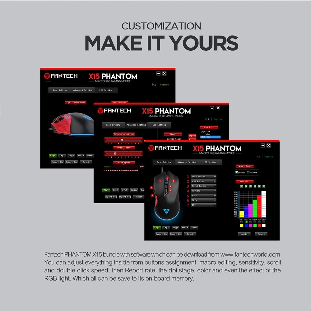 FANTECH X15 Phantom 4800DPI Wired Gaming Mouse Gamer Ergonomic Mouse USB With RGB Backlit 7 Buttons For Windows Computer Mice