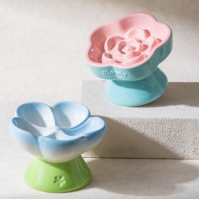 Pet Slow Feeders Food Bowl High Footed Ceramic Cat Bowl Small Dog Tableware