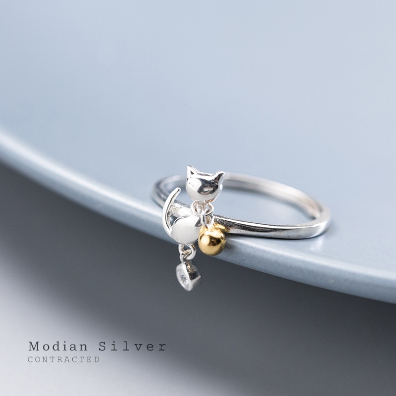 Modian Shiny Zircon Lovely Bell Cat Open Adjustable Finger Ring for Women 925 Sterling Silver Lucky Ring Fine Jewelry