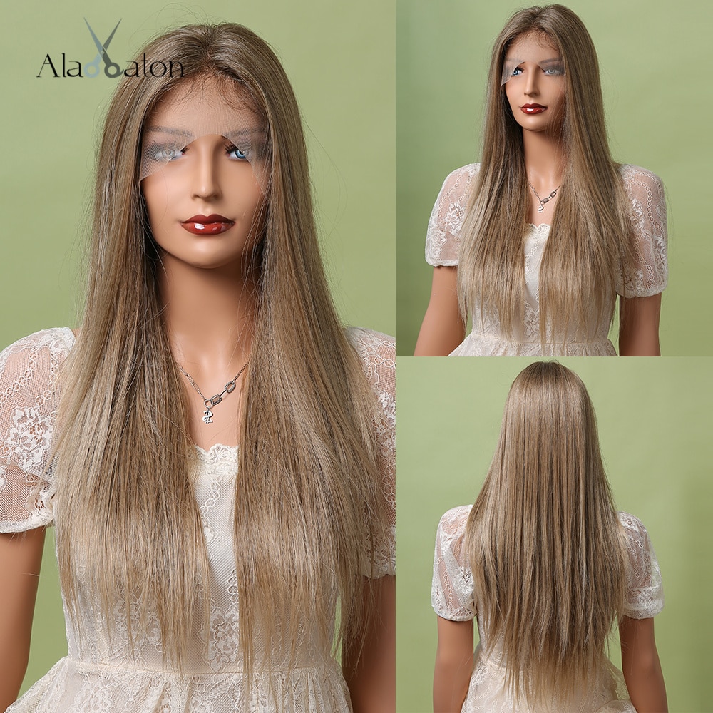 ALAN EATON Long Straight Ash Brown to Warm Brown Synthetic Lace Front Wig for Women Middle Part Heat Resistant Lace Hair Wigs: BL66027-1