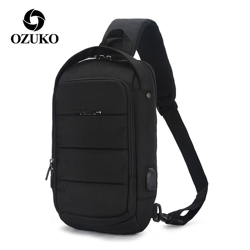 OZUKO sacs à bandoulière imperméables hommes poitrine Pack homme sac à bandoulière grande capacité Oxford poitrine sacs USB sacs de charge pour hommes: Black