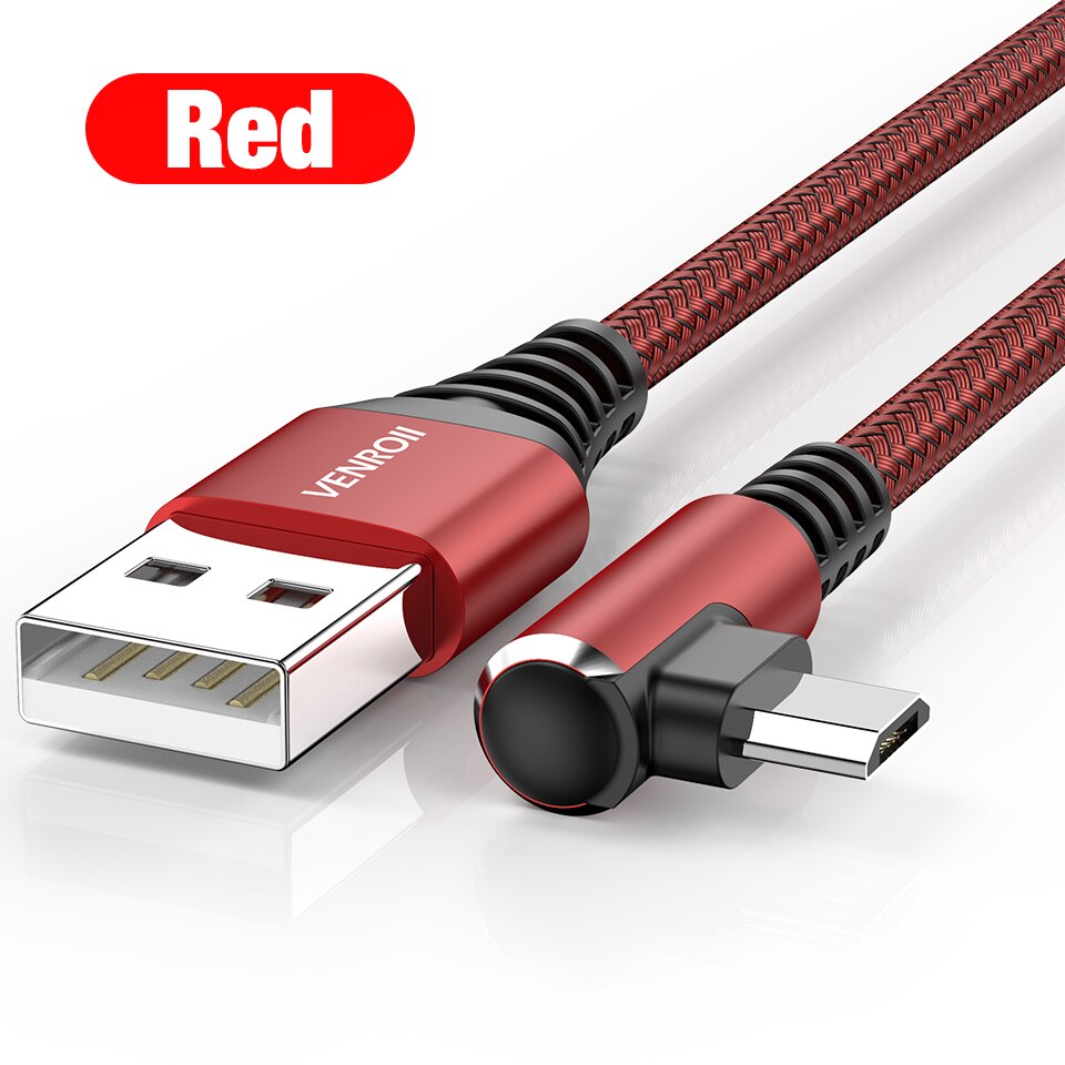 Venroii Snelle Opladen Micro Usb Kabel 90 Graden Mobiele Telefoon Game Cord Android Draad Voor Samsung Xiaomi Redmi 7A Huawei honor 8X: Red / 1.8m