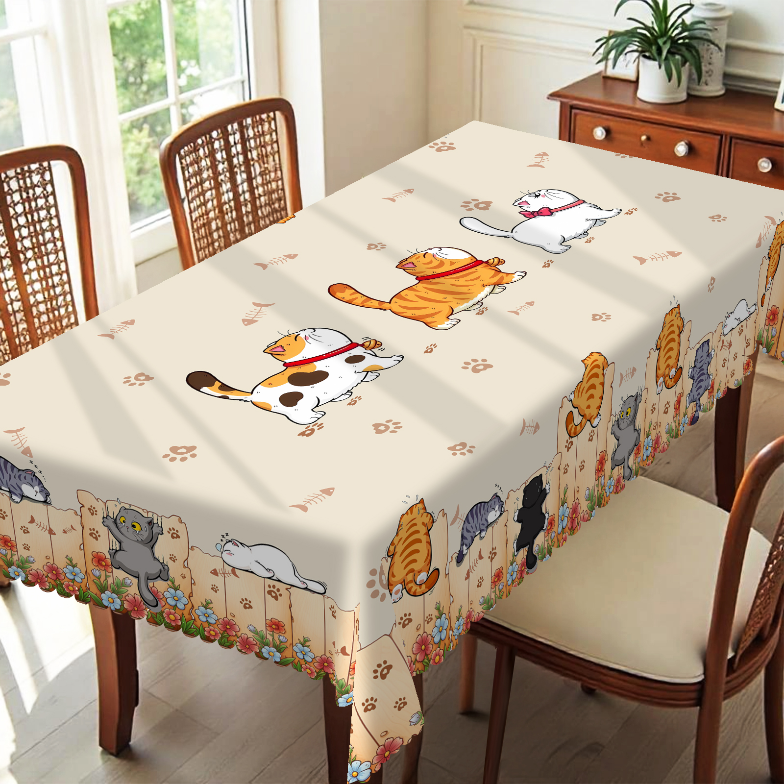1 Piece, Cute Wall-Climbing Cat Theme Pattern Tablecloth + 4 Self-Adhesive Stickers, Floral Fence and Cat Print Pattern, Embossed Edges, Suitable for Home Kitchen, Living Room Dining Table, Balcony Coffee Table, Party Table Decoration Tablecloth, Outdoor Picnic Courtyard Decoration, Coffee Table Desktop Decoration Tablecloth Table Cover, Perfect , Spring, Summer, Autumn and Winter Decoration-M027