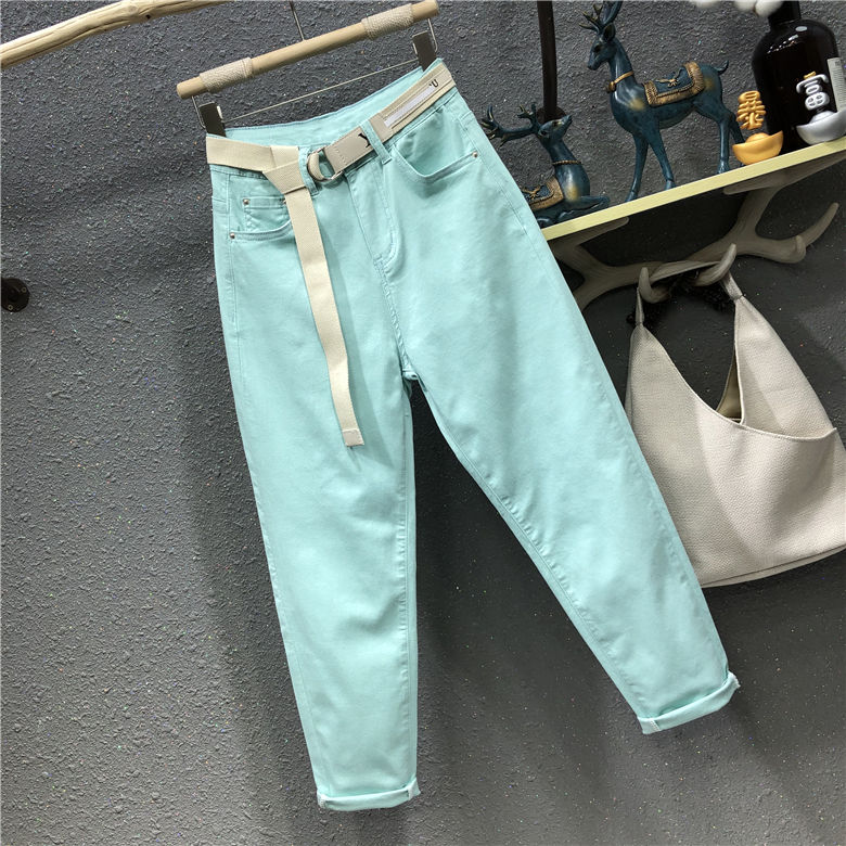 Pantalon en Denim vert menthe pour femme, jean élastique taille haute, couleur pure, longueur cheville, printemps automne: Green / XL