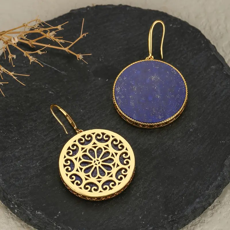 Lapis Lazuli Dangle Earrings - Large, Natural, Vintage Round, Bohemian Style, Ethnic Jewelry for Women - Perfect for Par