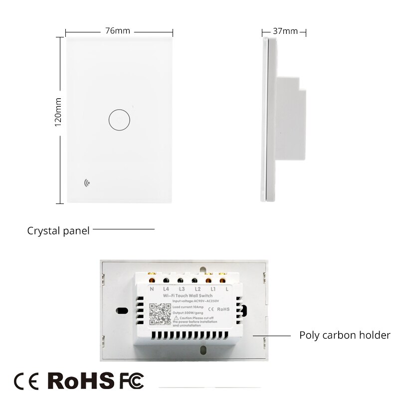 US/AU Standard Tuya/Smart Life APP Remote Control Light Switch,1/2/3/4 Gang 1 Way Smart Home WiFi Wall Touch Switch