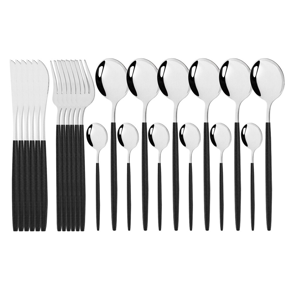 Pink Gold Cutlery Set Stainless Steel Dinnerware Set 24Pcs Knives Forks Coffee Spoons Flatware Set Kitchen Dinner Tableware Set: Black Silver