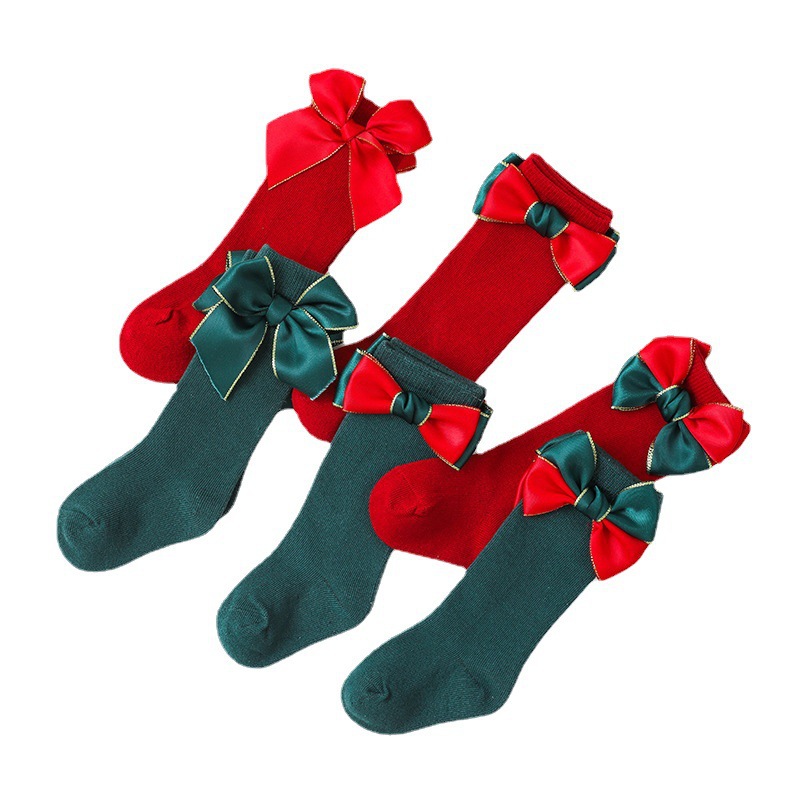 0-3T 2 Pairs Baby Kids Christmas Baby Girl Socks calzini con nodo a fiocco calzini per bambini calze verdi rosse