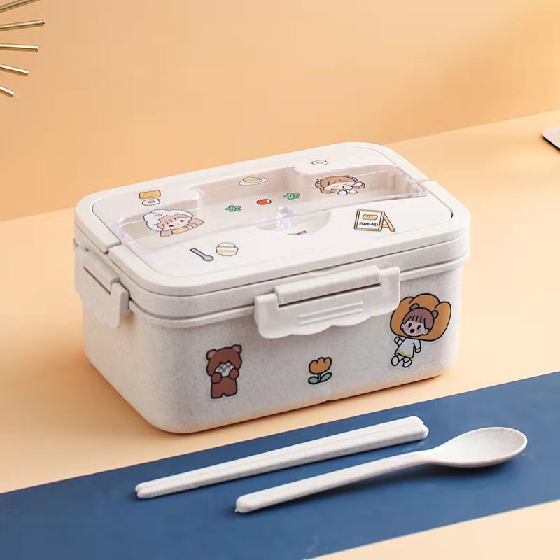 Ins Kawaii Sticker Organizer Lunchbox Container Met Cover Compartiment Opslag Ontbijt Dozen Student Voedsel Box Set: white