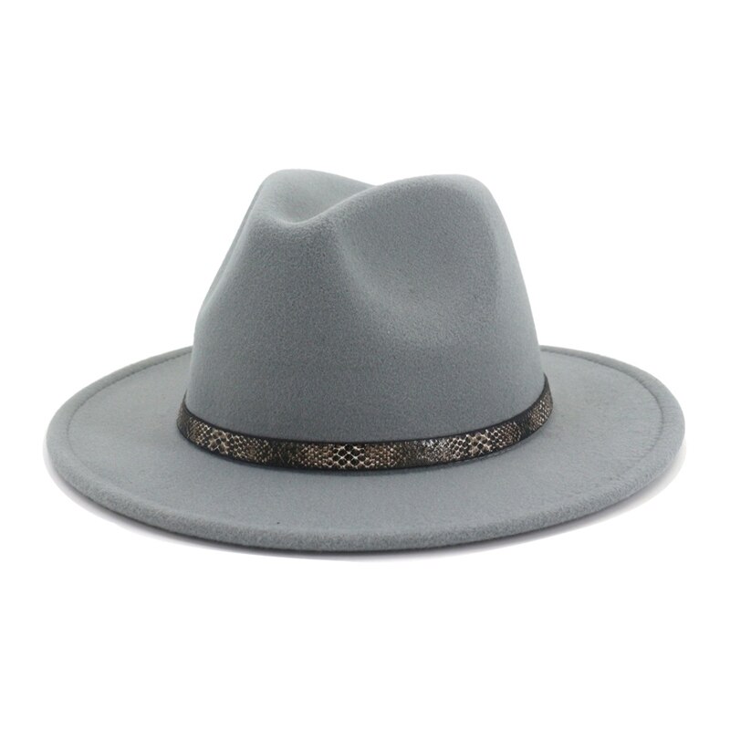 QBHAT femmes hommes à large bord laine feutre chapeau disquette Jazz casquette Panama Fedora chapeaux avec serpent Grain cuir Trilby QB57: Gris