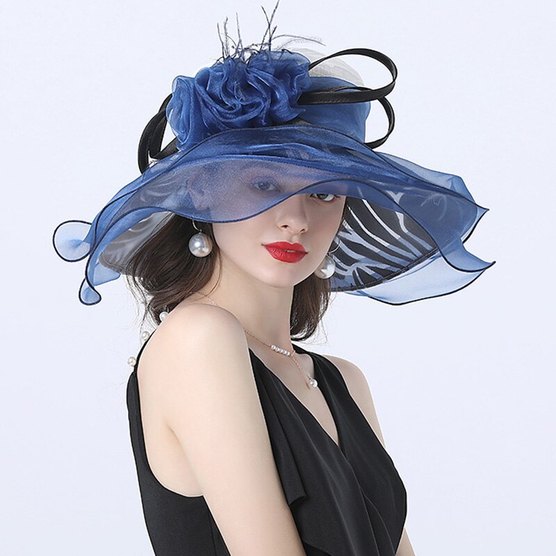 Women Summer Church Hat Organza Wide Brim Sun Hat Ladeis Fascinator Hat for Kentucky Derby Wedding Bridal Hat Dress Party Hat