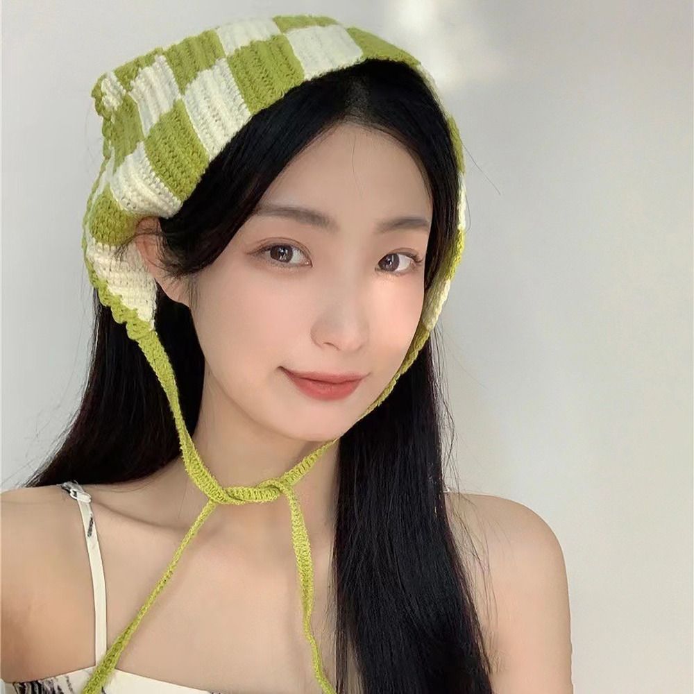 Knitted Headscarf Hat French Pastoral Style Triangle Headband Handmade Crochet Headband Towel Little Flower Headscarf