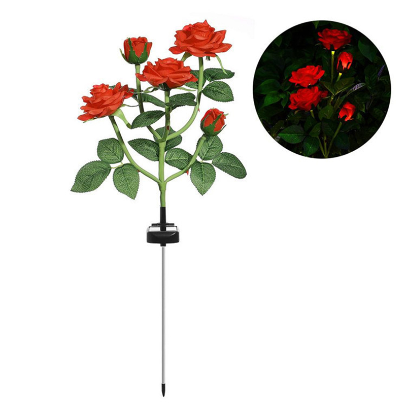 Solcelle Rose Blomsterlampe LED - Vandtæt Have Dekoration Udendørs - Landskab Græsplæne Lampe: Rød -5 hoved