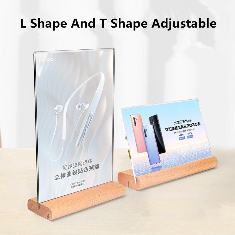 A6 Ronde Houten Basis L Vorm En T Vorm Display Verstelbare Tafel Acryl Menu Papier Teken Houder Display Stand Board