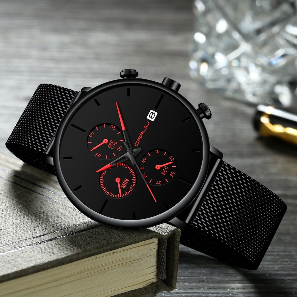 Crrju ur herre vandtæt slim mesh rem minimalistiske armbåndsure til mænd quartz sportsur ur relogio masculino