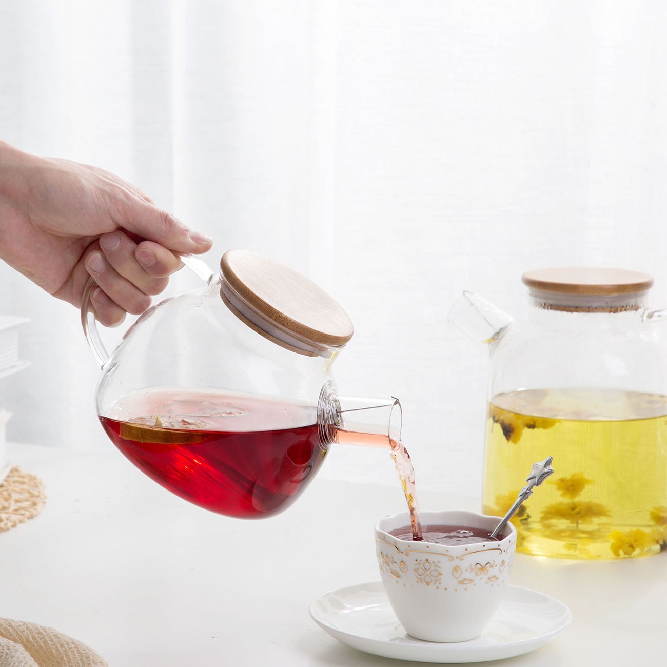 Tetera de vidrio de 1L/1.8L con filtro de bobina de alambre desmontable para té suelto resistente al calor jarra de agua /fría