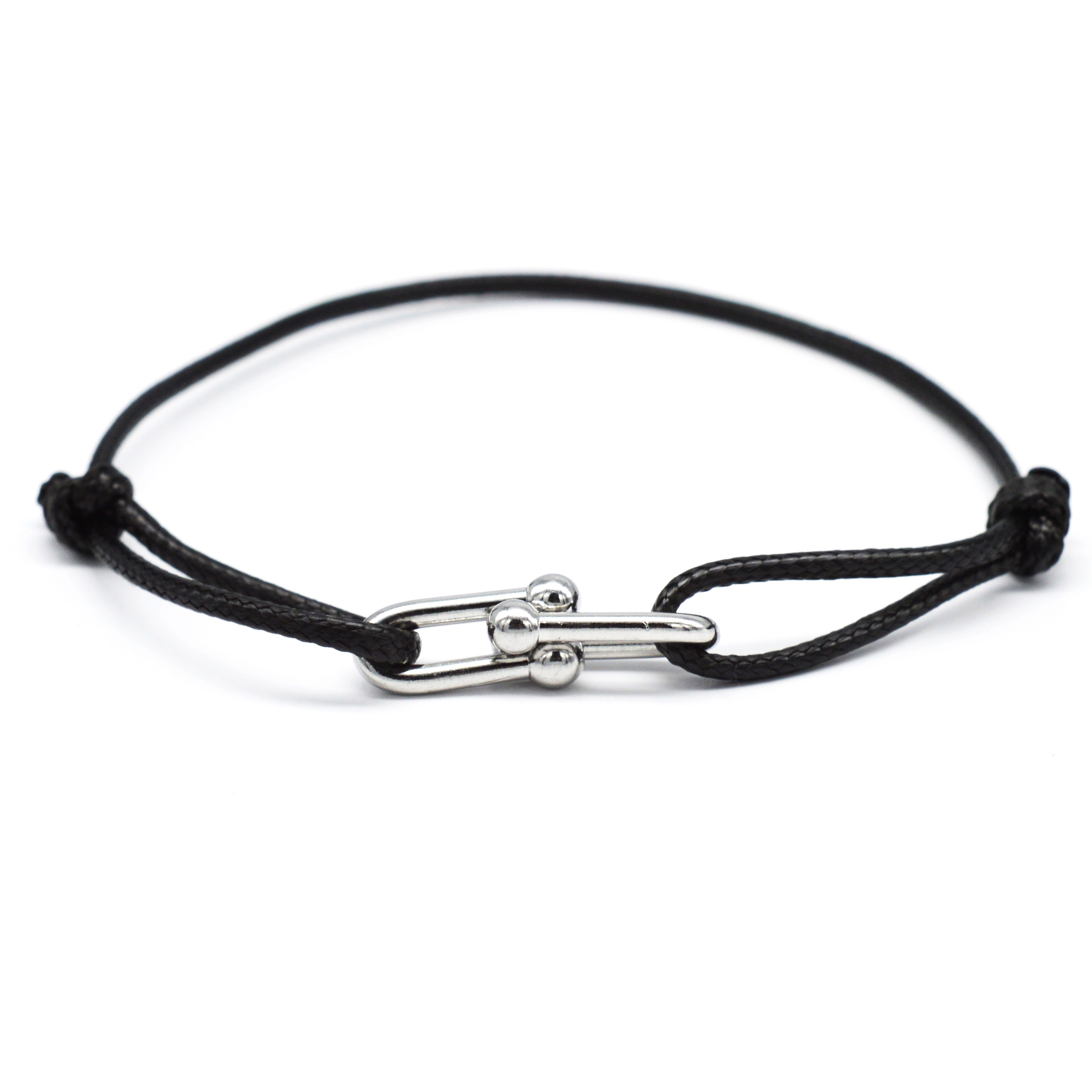 Zalman-pulsera con hebilla de herradura de bambú Simple, cinta trenzada, pulseras de cuerda ajustables DIY, joyería de acero inoxidable para hombres y mujeres: PLATEADO