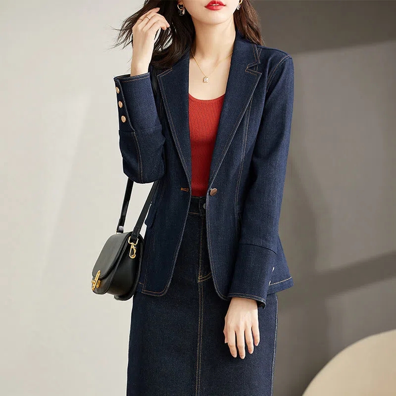 Spring Autumn Denim Blazer Women's Long Sleeved One Button Short Jeans Jacket Ladies Slim Cowboy Coats Outerwear Female