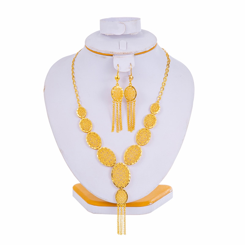 Arabic Dubai Jewelry Set for Women Summer Cooper Earrings Ethiopian African Chain Gold Color Necklace Wedding Bridal