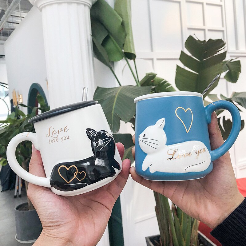 3d lättnad katt keramisk kopp med lock sked vatten kopp tecknad konstnärlig hipster män och kvinnor studenter par kopp