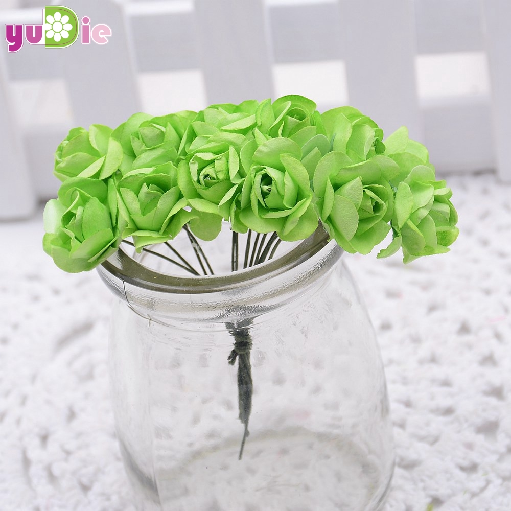 12 stk/parti 1.5cm mini papir rose blomster bukett bryllup dekorasjon papir blomst til gjør-det-selv scrapbooking blomster papir billige blomster: Grønn