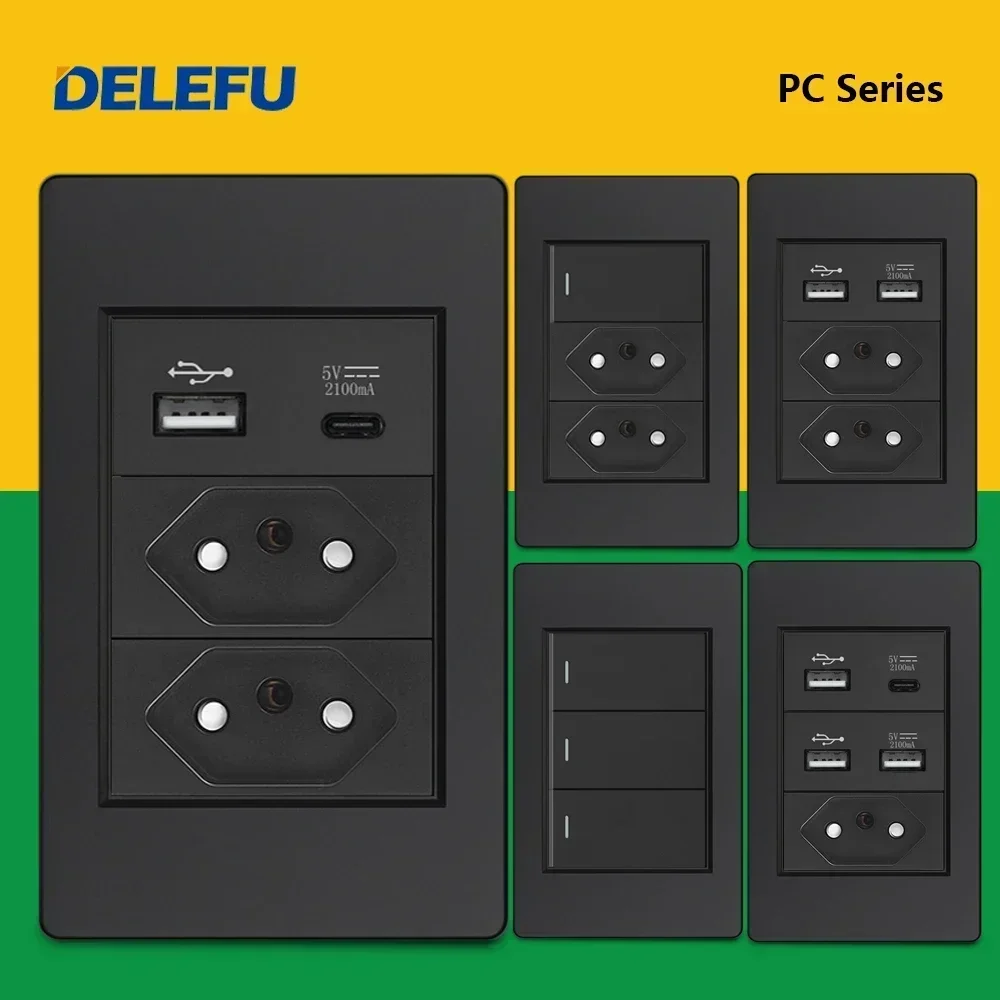 DELEFU Panel de PC ignífugo doble USB tipo C carga Brasil salida estándar interruptor de luz de pared negro enchufe eléctrico 10A 20A