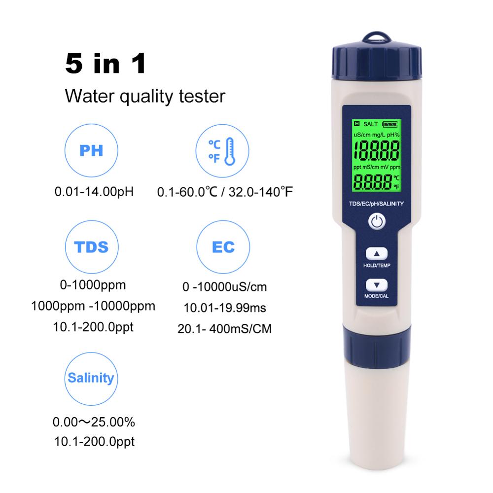 Digitale Water Tester 5 In 1 Ph/Tds/Ec/Zoutgehalte/Temperatuur Tester Pen Waterdichte Multi-functie Meter Voor Aquarium Zwembad: Backlight