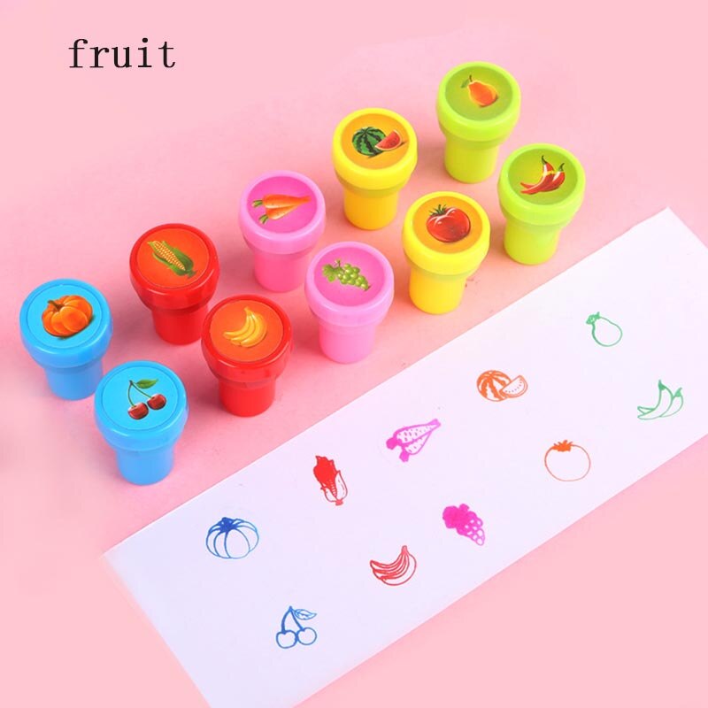 10 st/set tecknad rund stämpelleksaker djur frukt leende barn säl skollärare tillbehör gör-det-själv stamper konst leksak: 10 st frukt