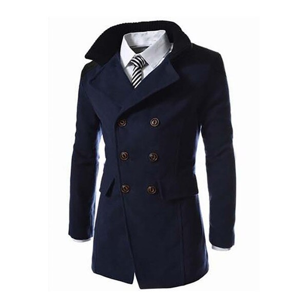 Jakker i engelsk stil til mænd efterår vinter mandarin krave uld blanding dobbeltradet frakke tyk overfrakker: Marine blå / M