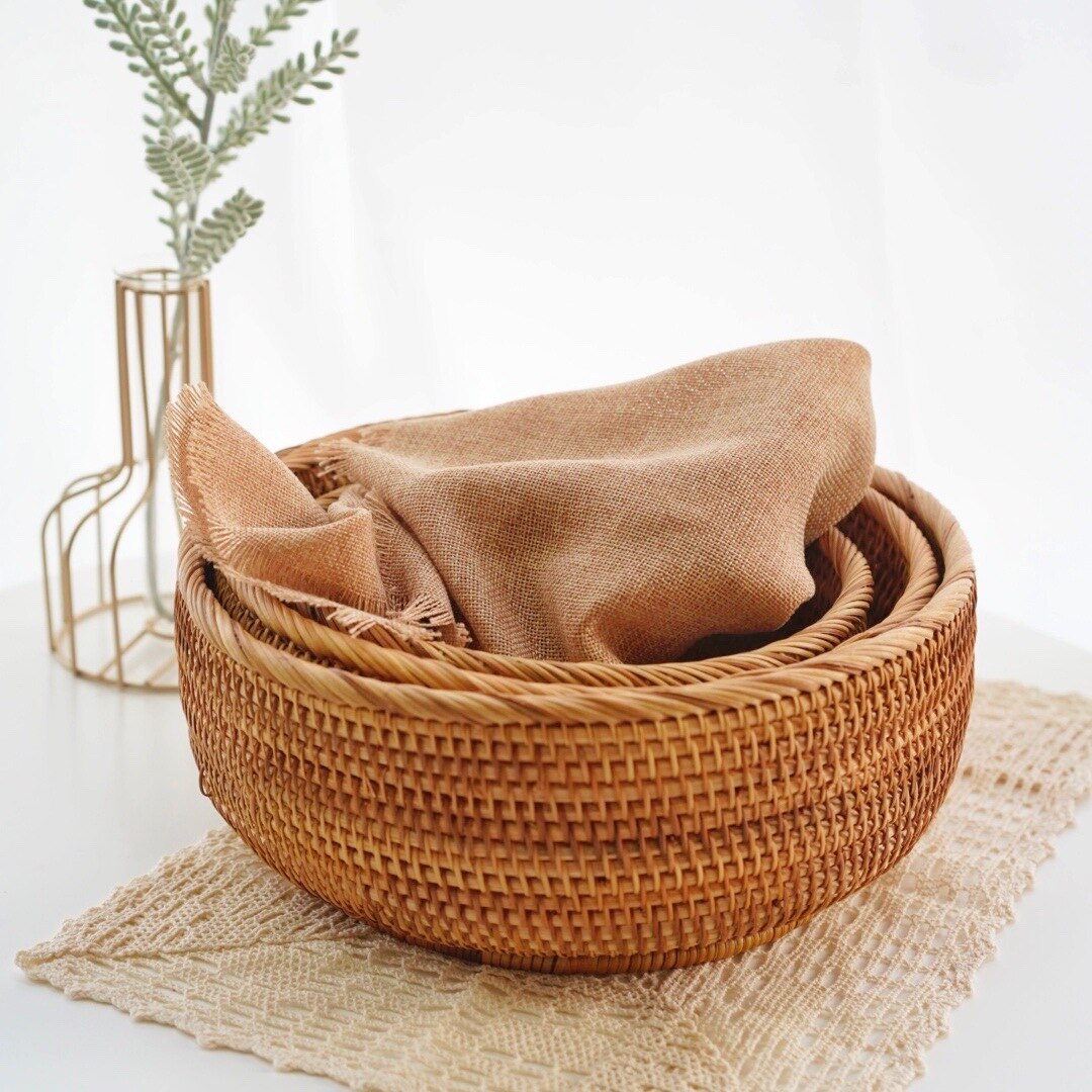 Cesta de mimbre para almacenamiento de frutas, pan, verduras, cestas de ratán Natural, cuencos redondos para llaves, mesa de cocina apilable, encimera de despensa