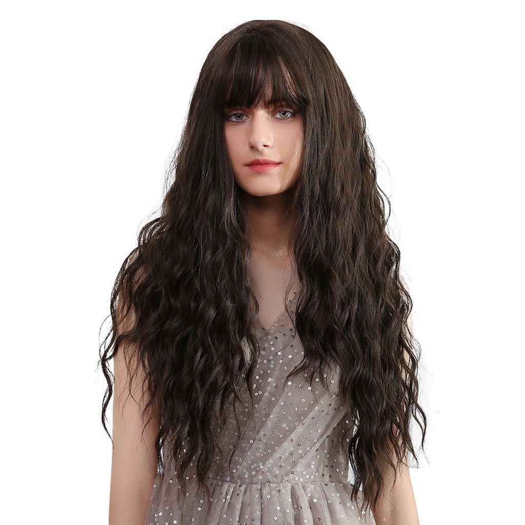Pelucas de mujer de 26 "de largo color marrón mixto con flequillo, resistentes al calor y con ondas al agua, estilo africano y americano