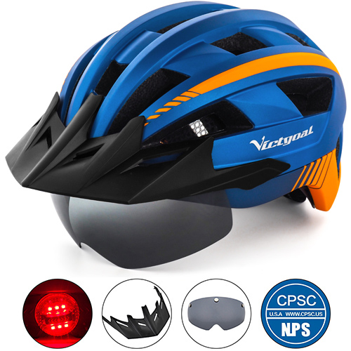 VICTGOAL LED Fietshelm met Zonneklep Goggle voor Mannen Vrouwen Scooter MTB Road Fietshelmen Verstelbare Fiets Veiligheidskappen: XL / Blauw