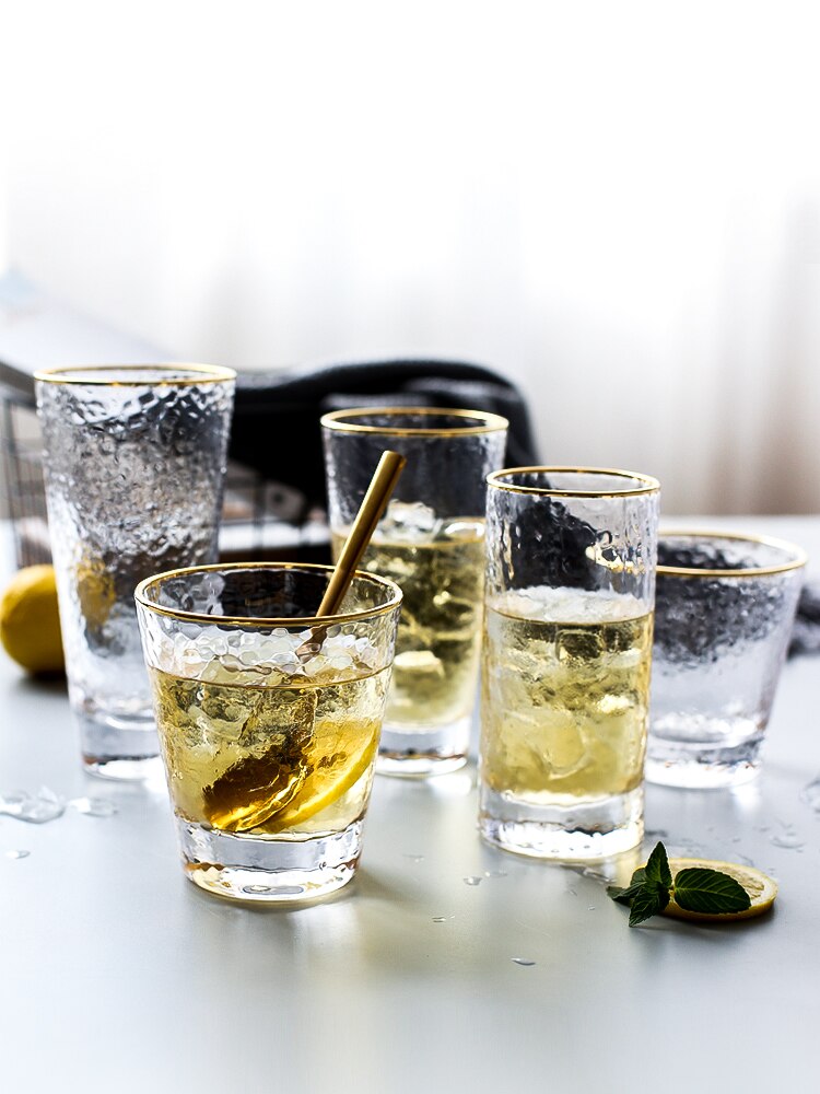 Ins gilt randen hamer cup, loodvrij kristalglas, koud drankje cup, vruchtensap glas cocktail glas gouden slanke cup voor sap