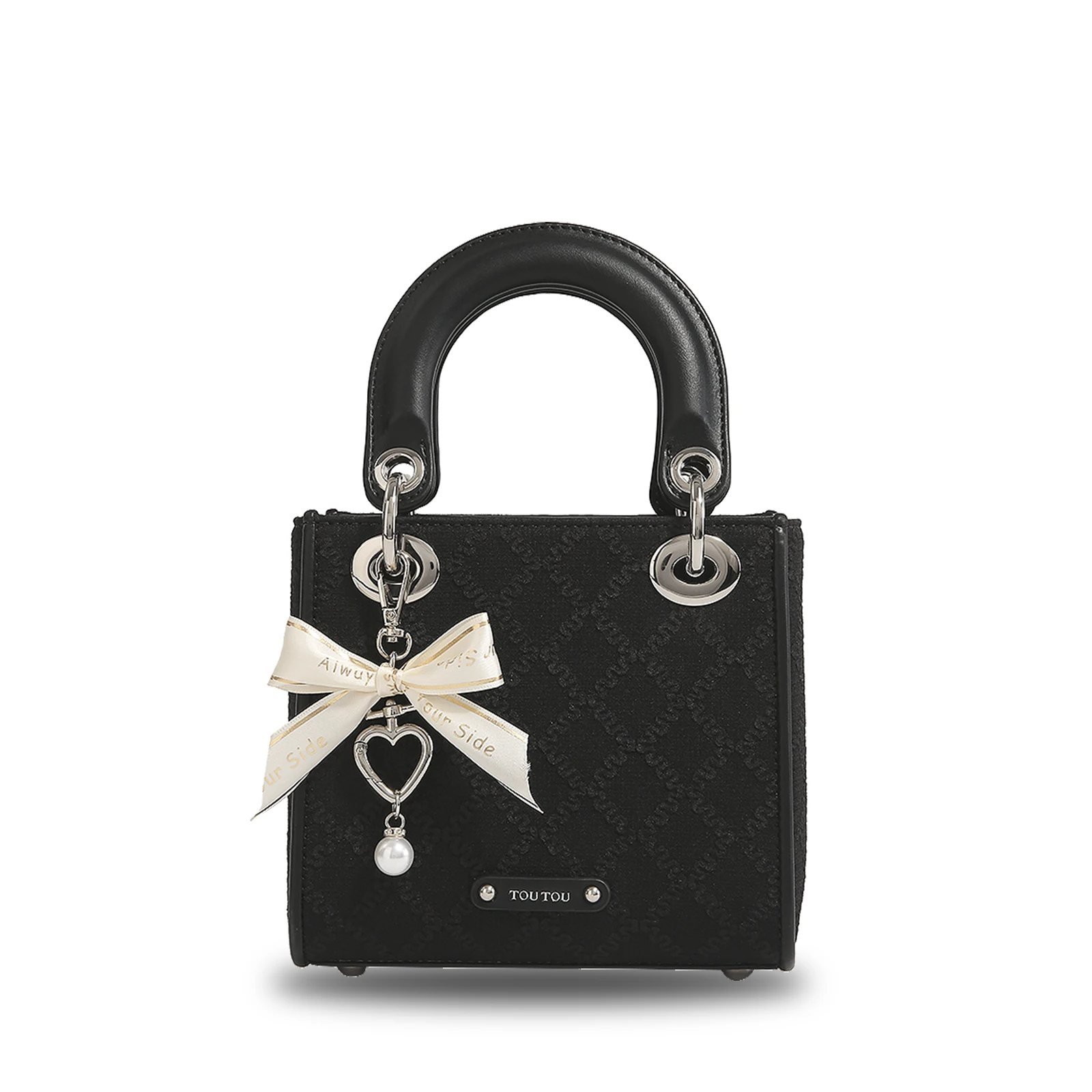 TOUTOU Argyle Jacquard Handtasche Schleife Dekor Satchel Geldbörse Damen Kleine Einkaufstasche Luxusmarke Tasche: Black