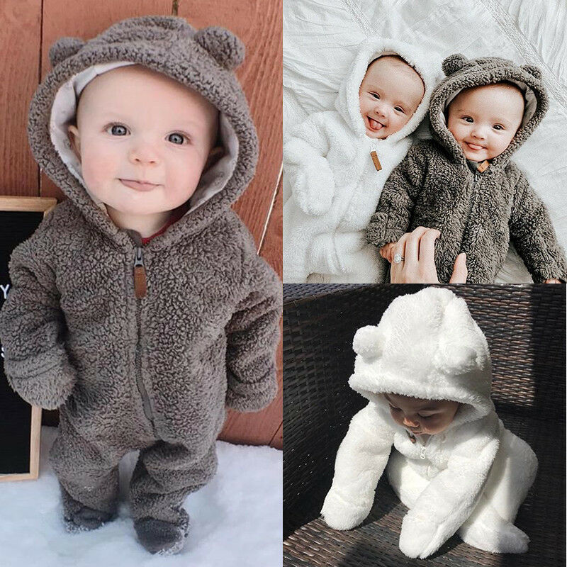 Newborn Baby Girls Boys Long Sleeve Solid Soft Warm Fuzzy Hooded Romper Jumpsuit Winter Outfits Clothes