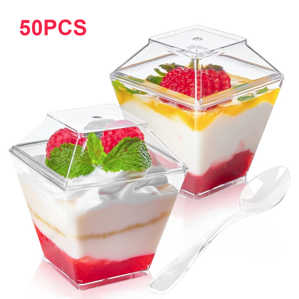 50/100 Pack Plastic Dessert Cups Square Clear Yogurt Parfait Cups Parfait Cups for Fruit Pudding Mousse Ice Cream Party Wedding