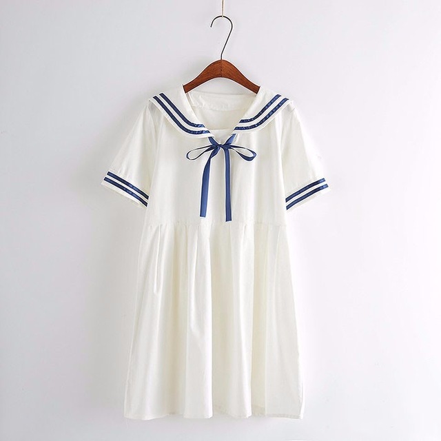 Autumn Summer Women's Dress Female Cotton-Line Sailor Collar College Sweet Striped Pure Girls Dress: Beige