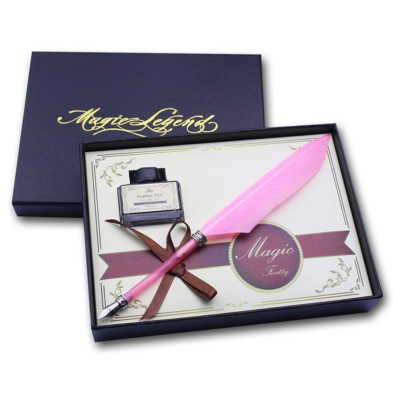 Mini Antique Europe Style Feather Pen Set Quill Calligraphy Writing Pen: Pink