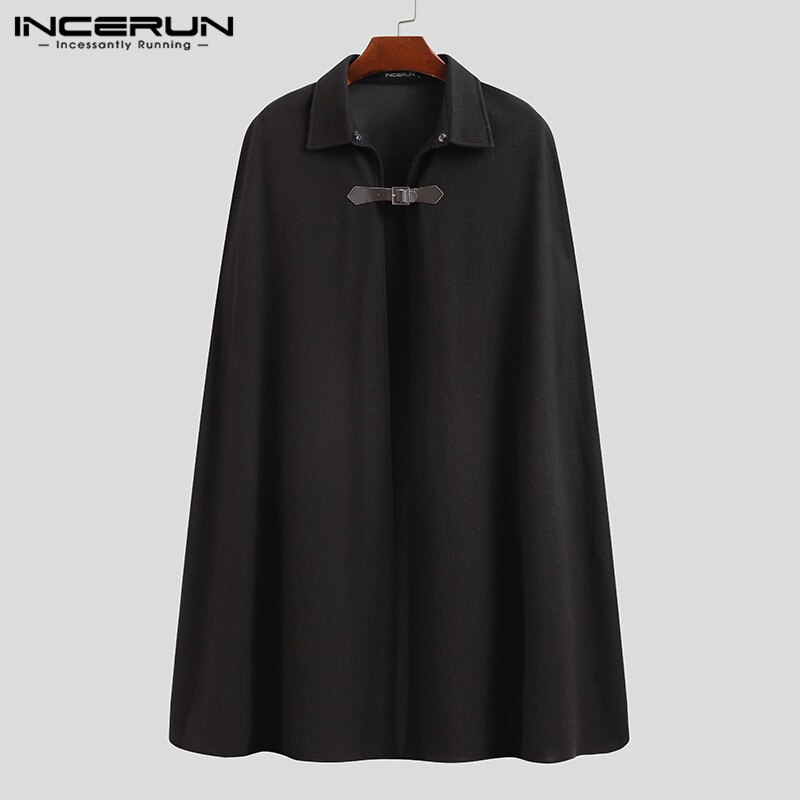 INCERUN 2022 Men Cloak Coats Solid Color Streetwear Lapel Cape Trench Winter Chic Faux Blends Overcoat Men Jackets S-5XL