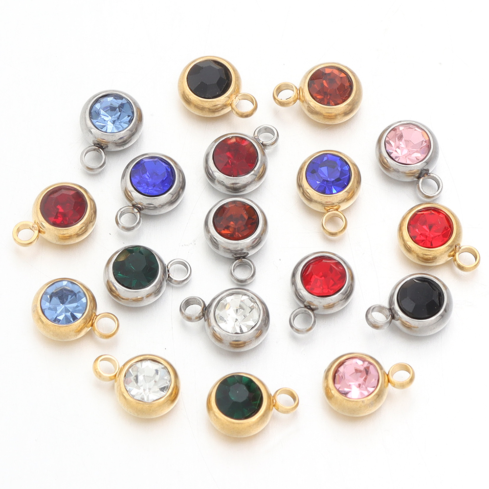 10pcs/lot Stainless Steel Birthstone Pendant 6mm Flat Round Rhinestone Charms Pendant For DIY Jewelry Making Necklace Bracelet