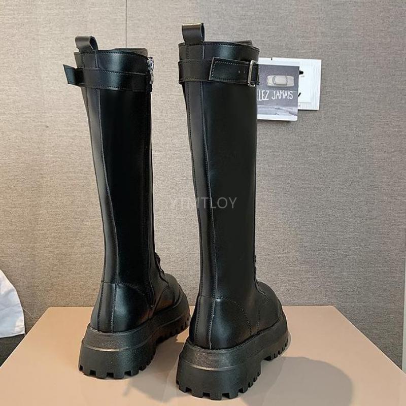 All Black Women Long Boots Lace Up High Heels Ladies Chunky Platform Shoes Female Footwear Motorcycle Knee-High Botas Mujer