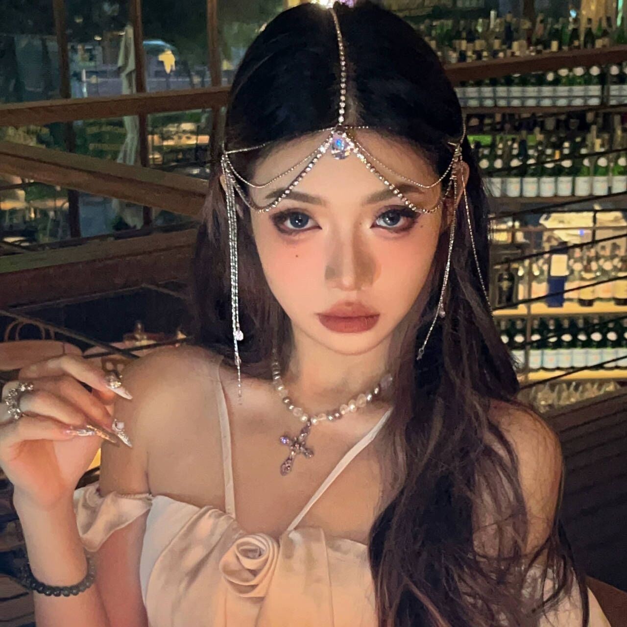 Accesorios para el cabello de joyería de lujo para mujer, cadena para la frente con borla de flores en forma de gota de agua, colgante para el cabello con piedras preciosas rojas sexys, horquilla: Morado