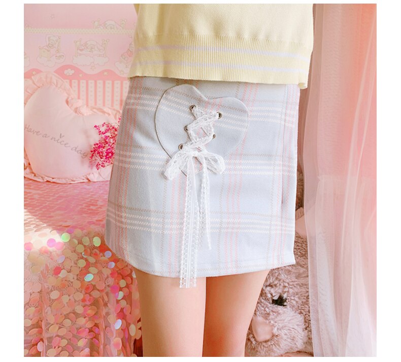 Vrouwen A-lijn Plaid Wollen Lace-Up Plisse Shorts Rok Preppy Stijl Schattige Japanse Herfst Roze Kawaii Hart Pocket Zoete rokken: Grijs / M