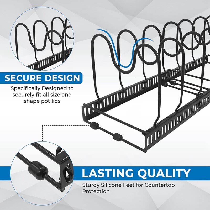 Expandable Pan Rack Organizer,Kitchen Cookware Pantry Cabinet Storage Rack with 7 Expandable and Adjustable Compartments